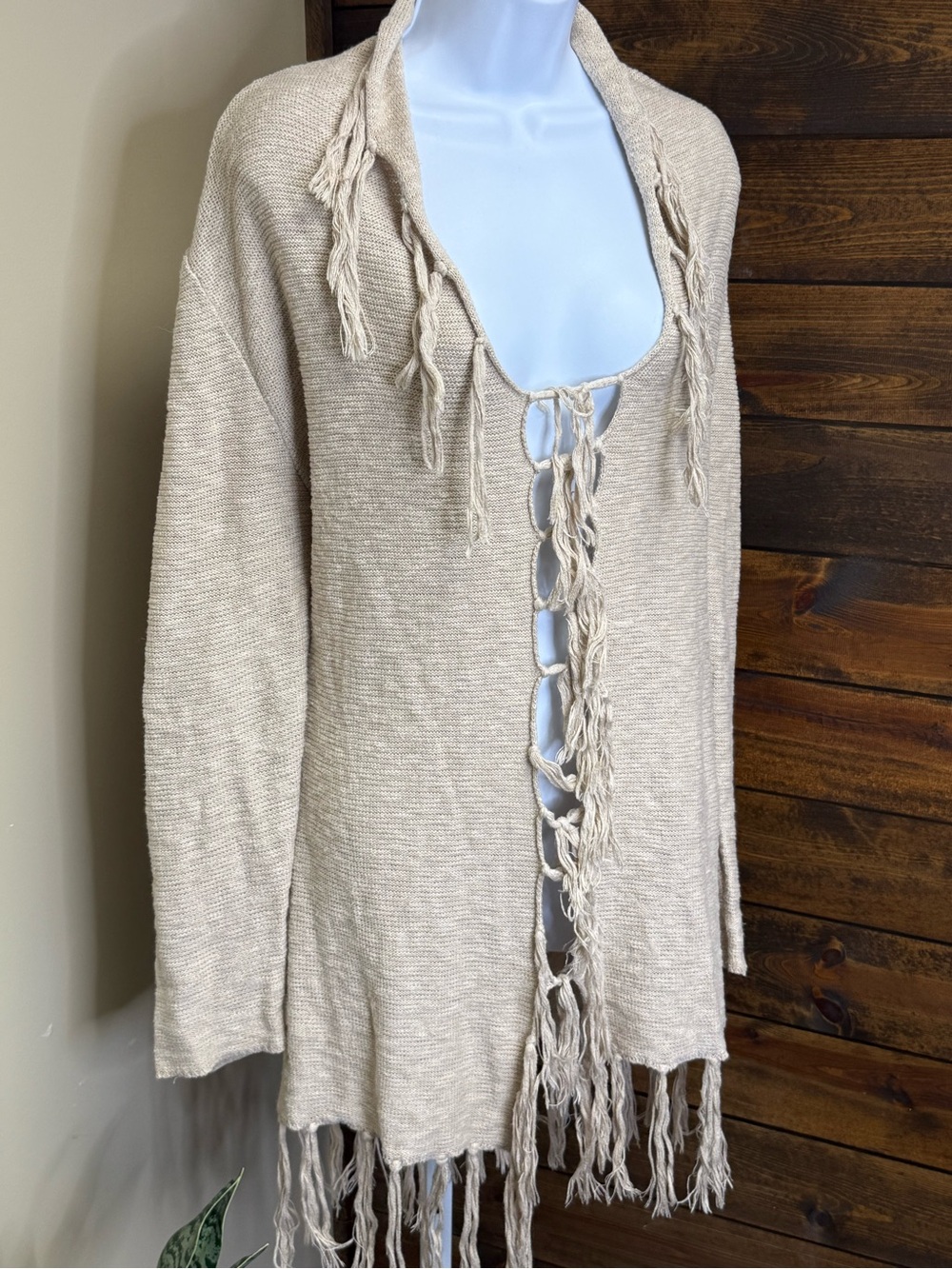 Le Moda Womens cream Fringe full length tie front cardigan Sweater size L cotton